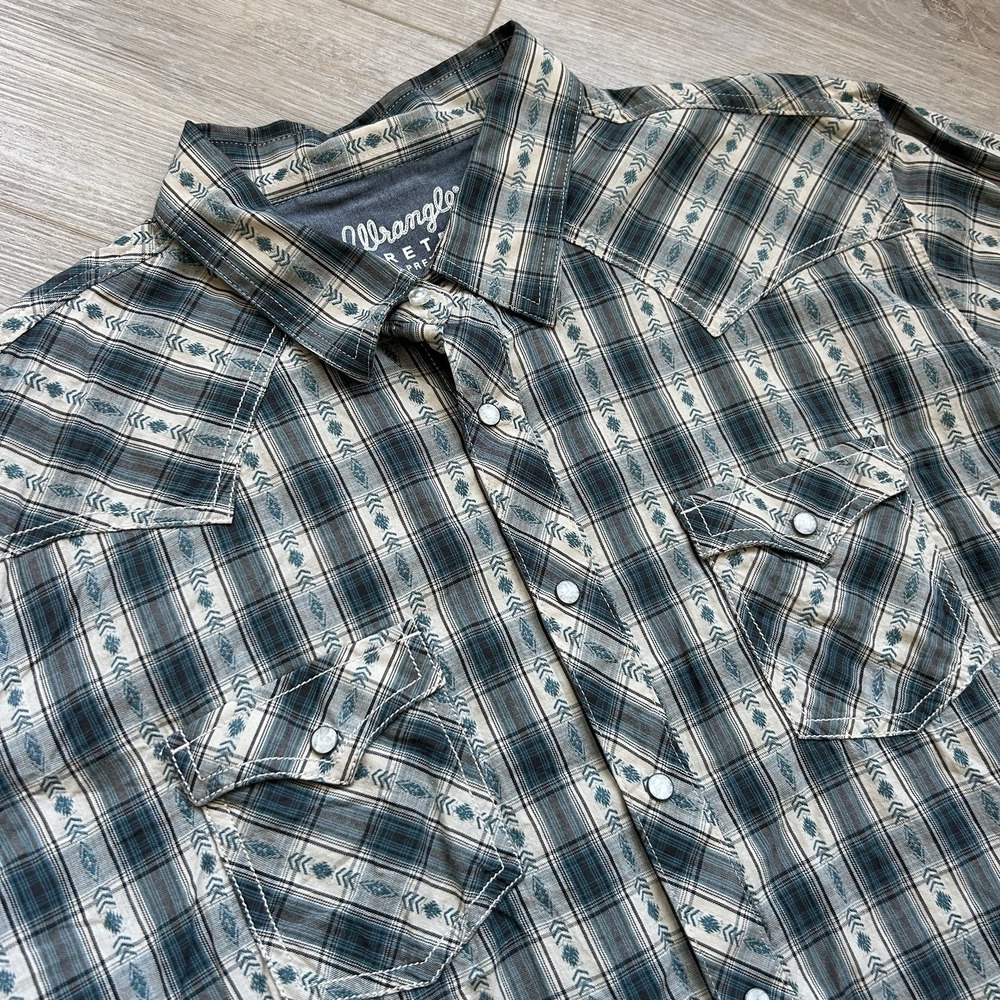Wrangler Retro Premium Shirt Mens 2XL XXL Green/White Western‎ Pearl Snap Long